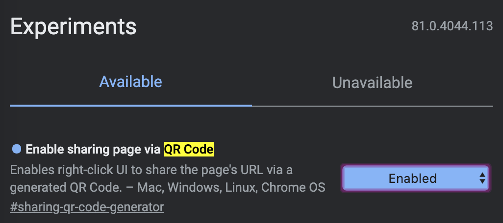 screenshot of chrome settings to enable QR Code sharing